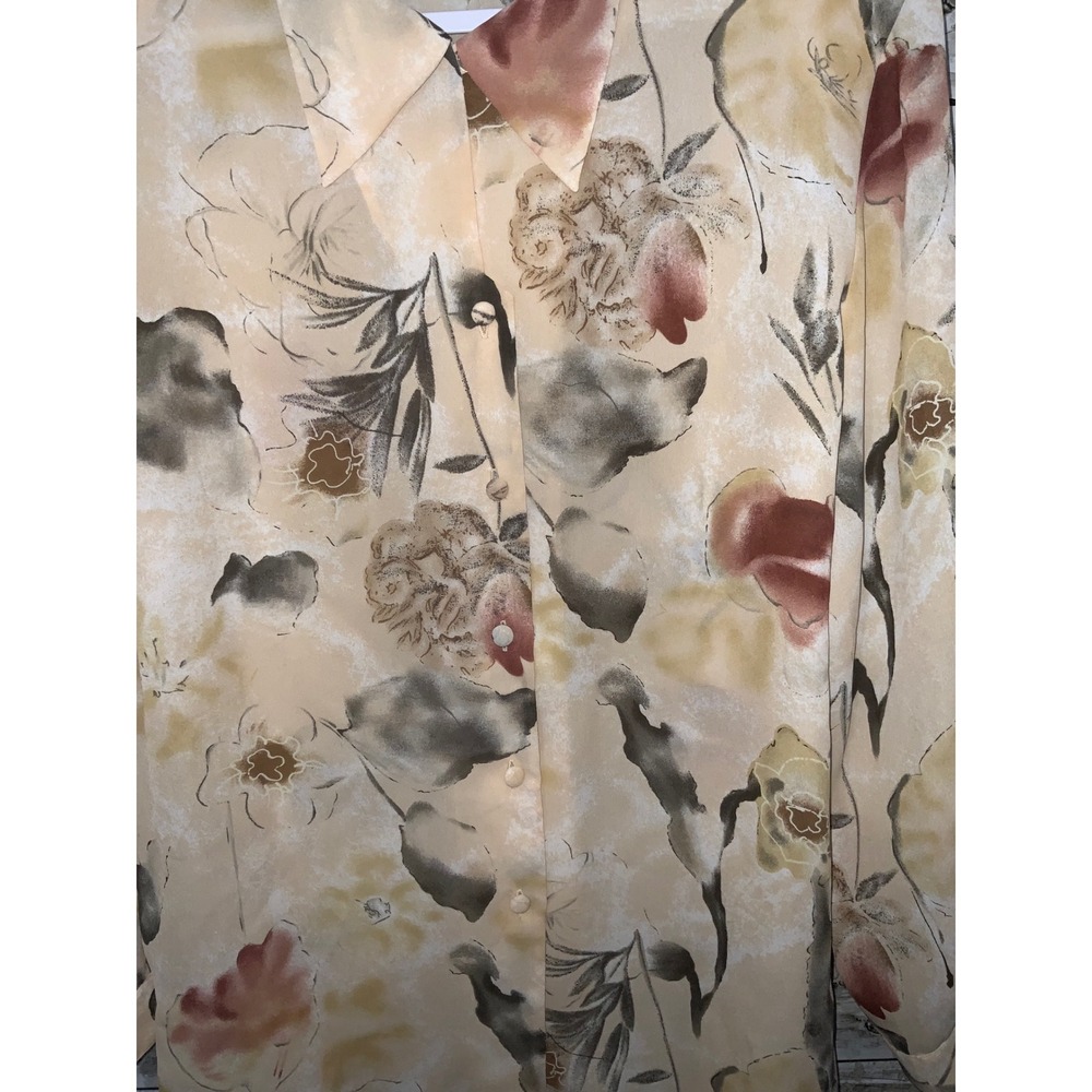 Vintage Tess Brown Floral Button Front Blouse Polyester Shoulder Pads Size 16 - Picture 2 of 4